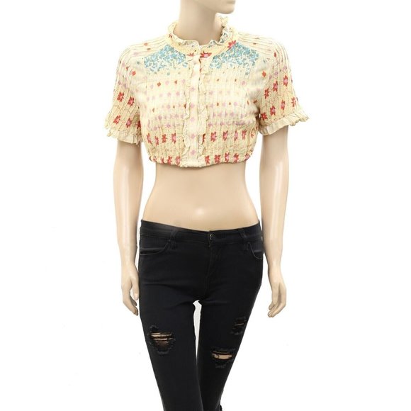 Free People Tops - Free People Ditsy Floral Printed Cropped Top Ruffle Beige Buttondown S